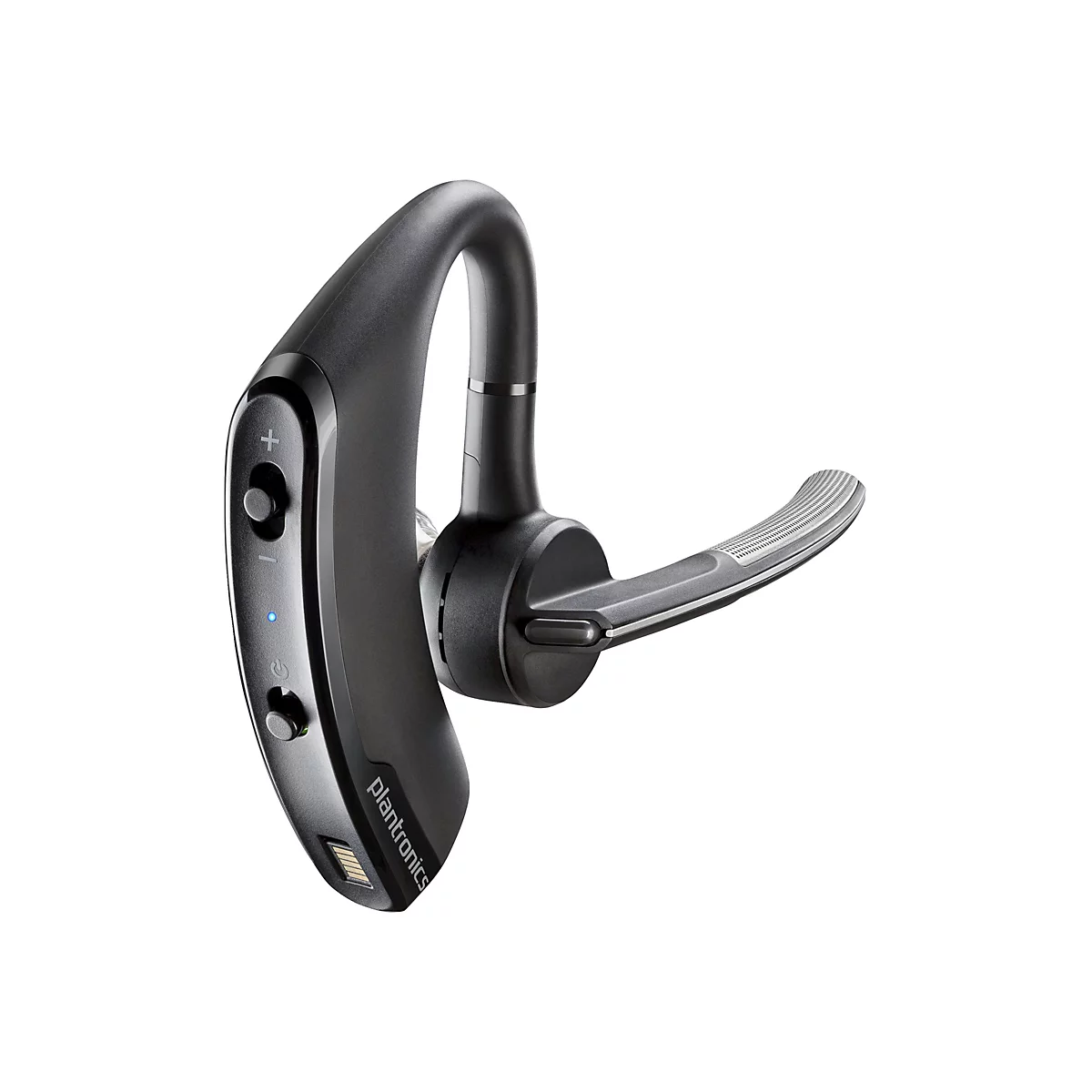 Schwarzes Bluetooth-Headset auf weißem Hintergrund, seitliche Ansicht.