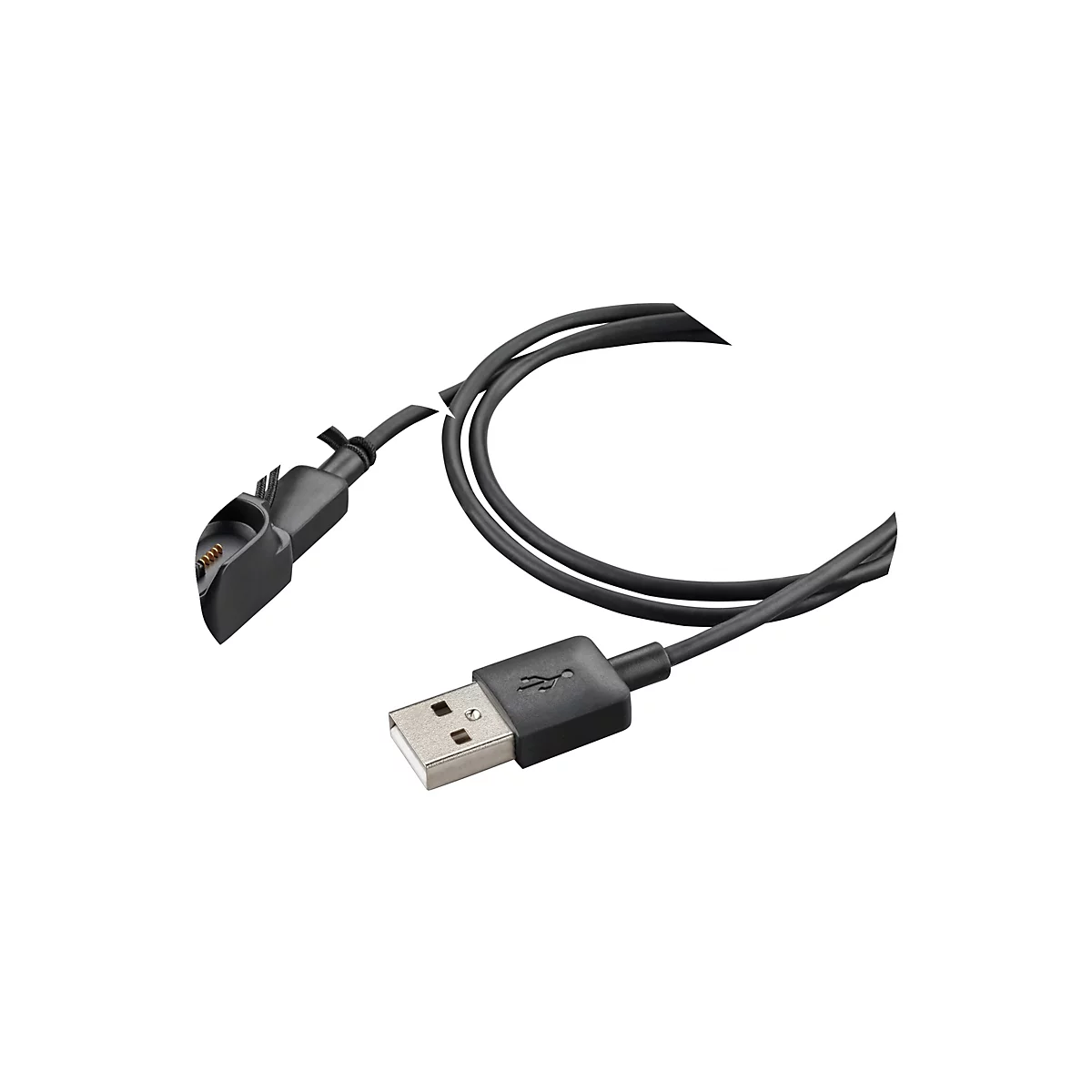 Schwarzes Ladekabel für eine Smartwatch mit USB-A-Anschluss. Das Kabel zeigt den Ladepuck und den USB-Anschluss.