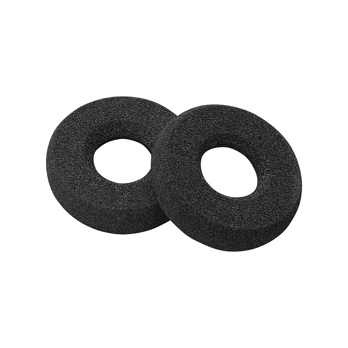 Zwei schwarze, runde Schaumstoffpolster für Kopfhörer mit Loch in der Mitte, vor weißem Hintergrund.