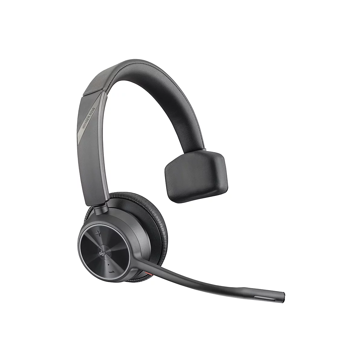 Schwarzes Poly Voyager 4310 Mono-Headset mit Kopfbügel und Mikrofonarm vor weißem Hintergrund.