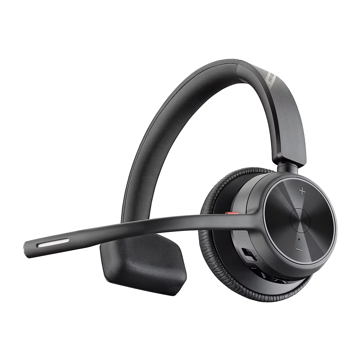 Schwarzes Poly Voyager 4300 Wireless-Headset auf weißem Hintergrund.