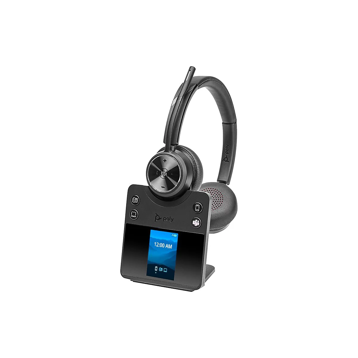 Schwarzes Poly-Headset mit Basisstation. Auf dem Display ist 12:00 Uhr AM zu sehen. Am Headset ist Poly-Logo zu sehen.