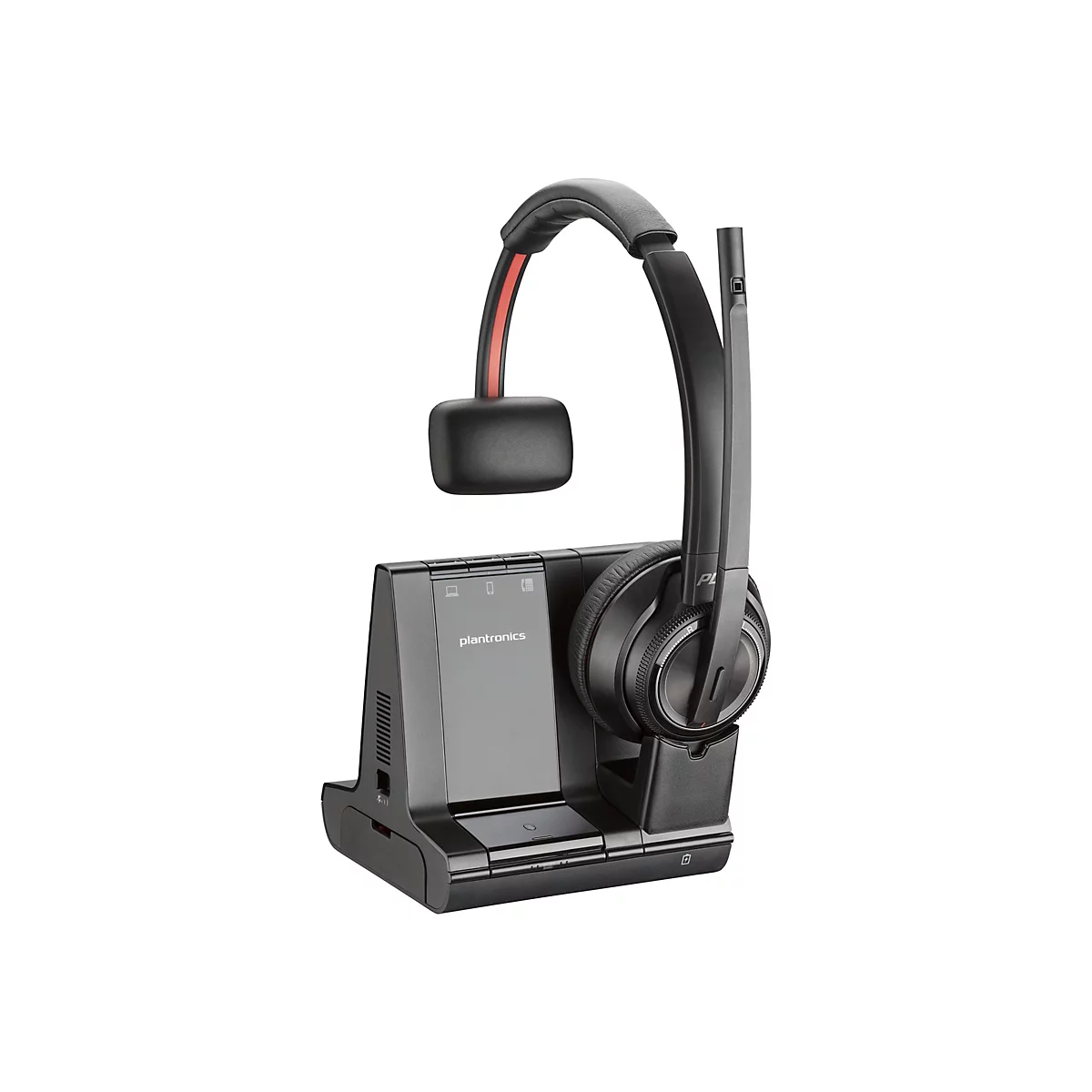 Drahtloses Headset mit Ladestation. Schwarzes Headset mit Ohrmuschel und Bügel, roter Akzent. Aufrecht stehende Ladestation, Logo "plantronics".