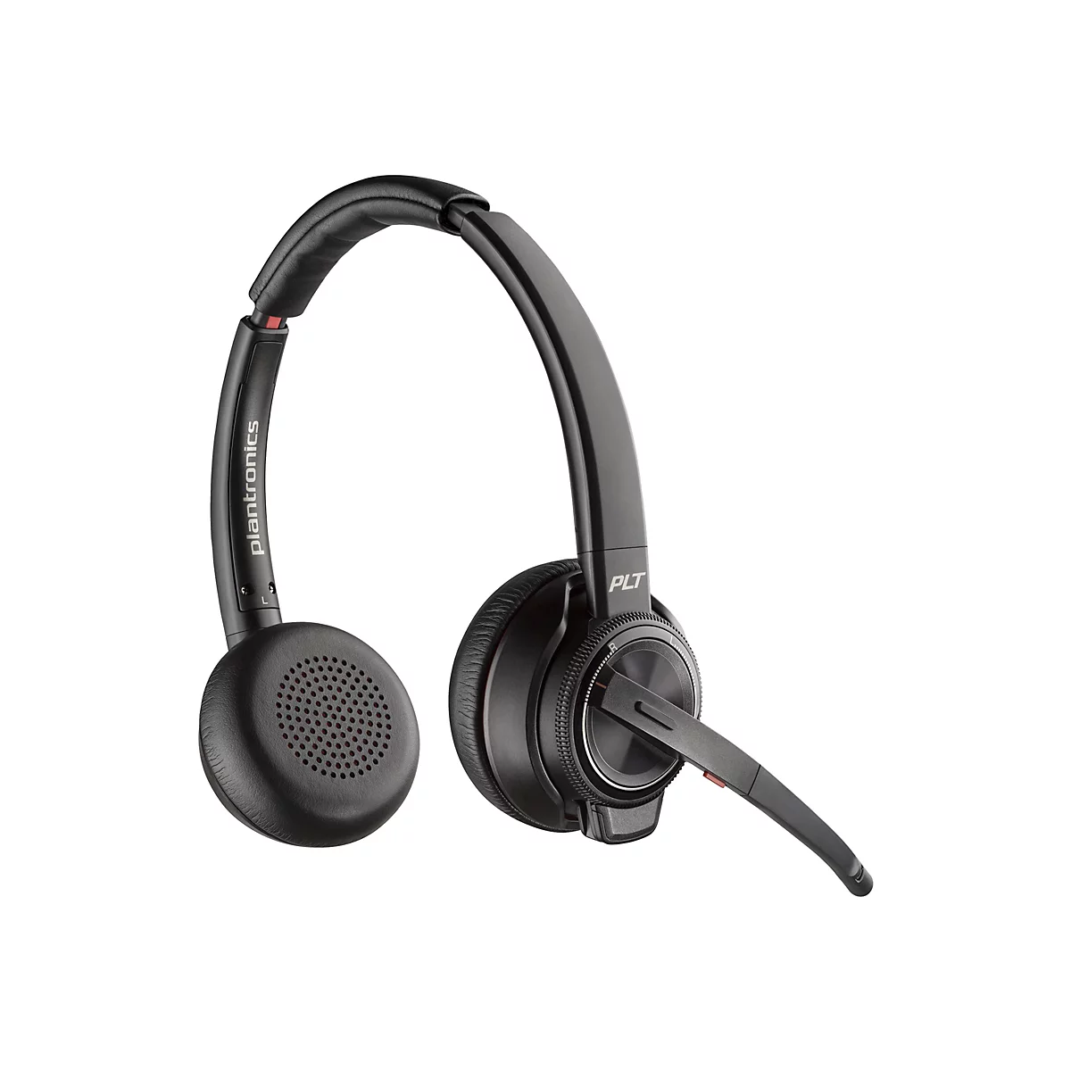 Schwarzes Plantronics-Headset, Detailaufnahme mit Mikrofon und Ohrpolstern.