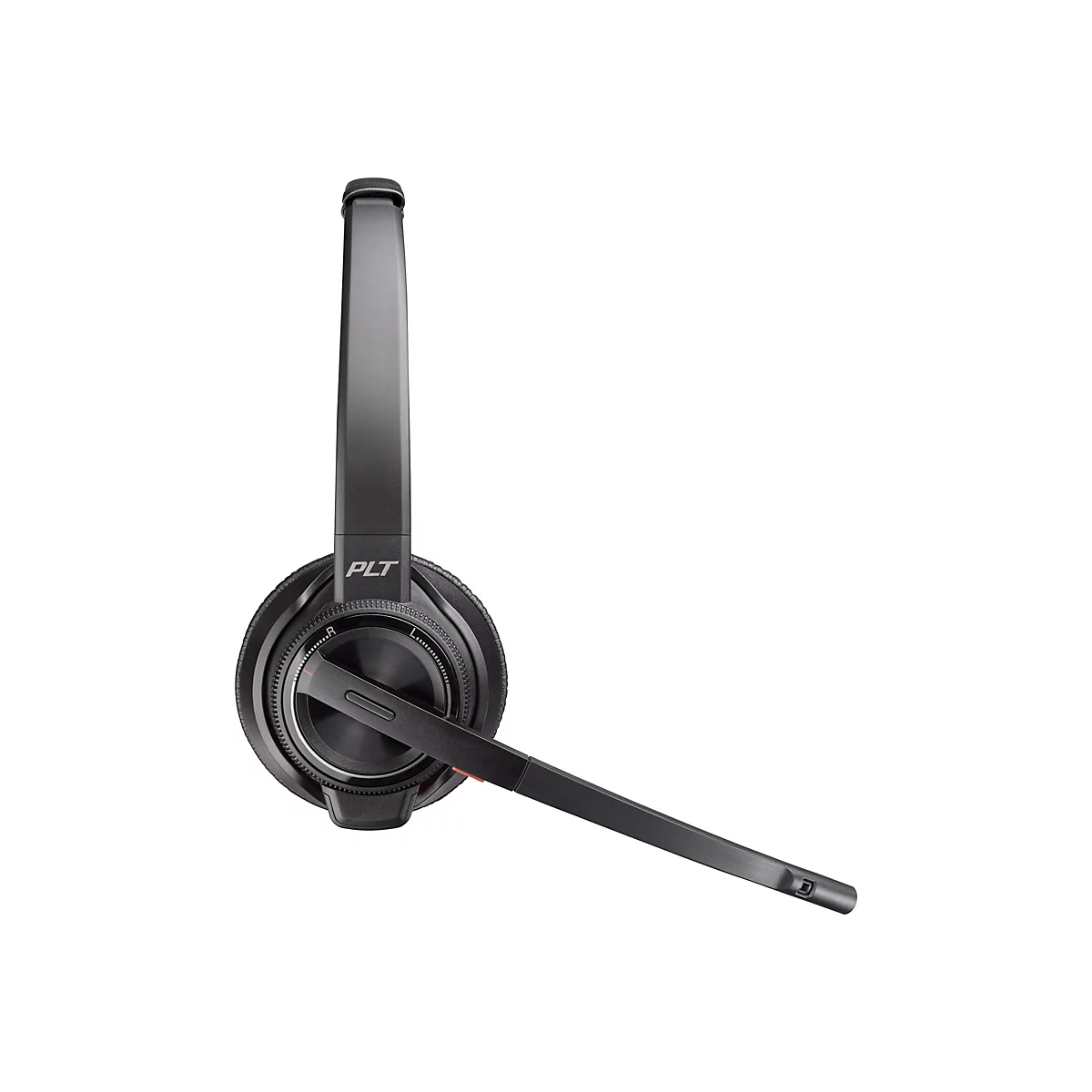 Ein schwarzes Headset auf weißem Hintergrund. Mit dem Schriftzug "PLT".