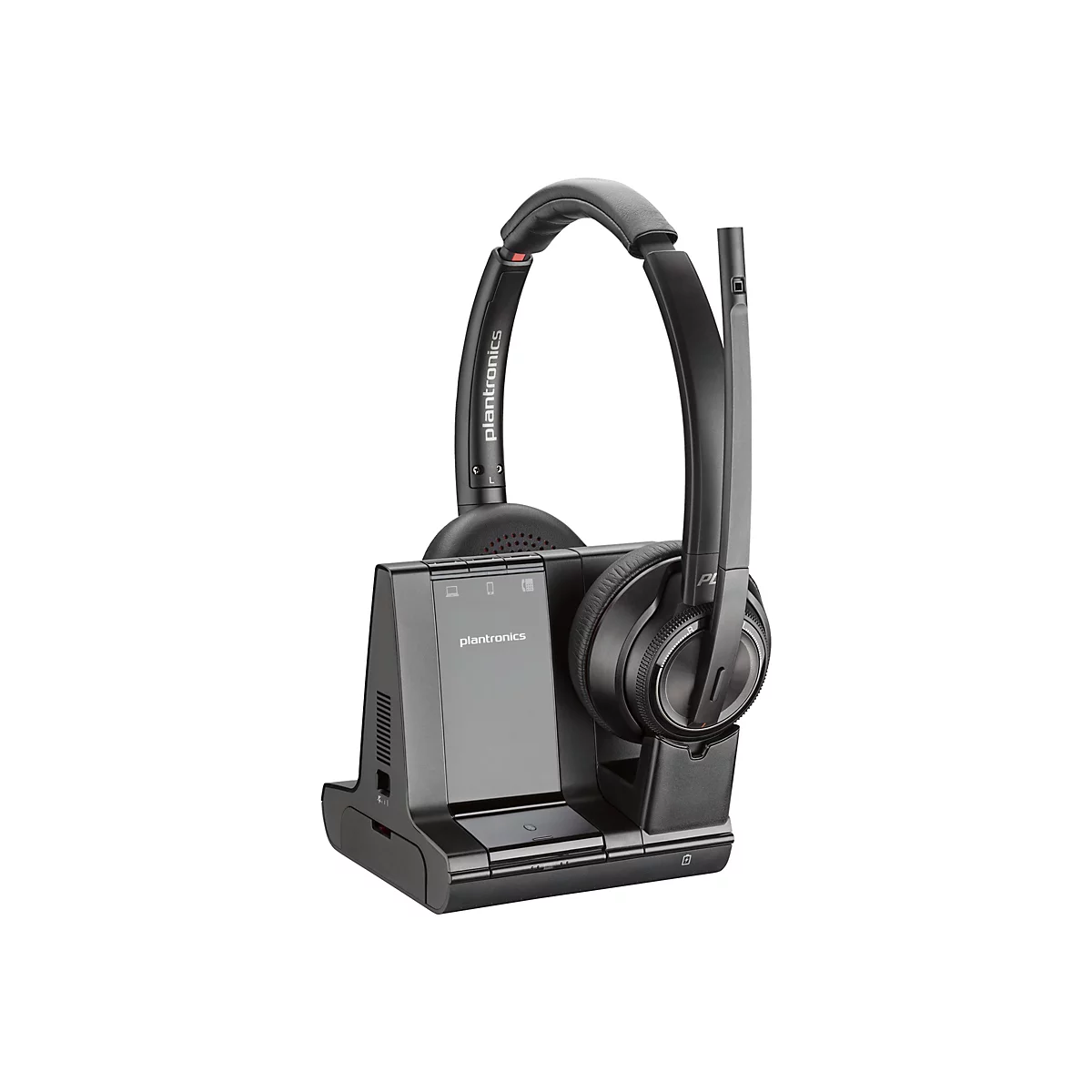 Schwarzes Plantronics-Headset mit Basisstation. Das Headset hat ein Mikrofon, eine Ohrmuschel und einen verstellbaren Kopfbügel.