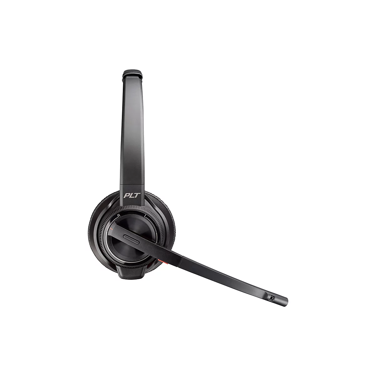 Schwarzes Plantronics-Headset mit Bügel und Mikrofon, Nahaufnahme.
