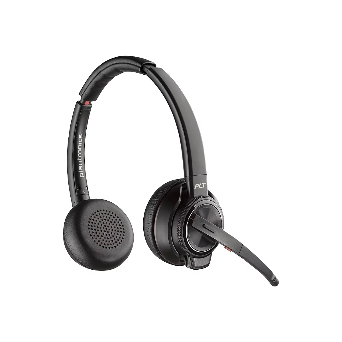Schwarzes Plantronics-Headset mit Bügel und Mikrofon. Ohrhörer mit perforierter Oberfläche. Der Bügel trägt den Schriftzug Plantronics.