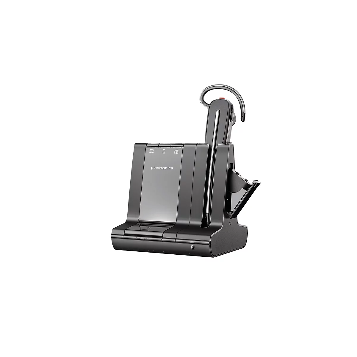 Schwarzes Plantronics Headset mit Ladestation auf weißem Hintergrund.