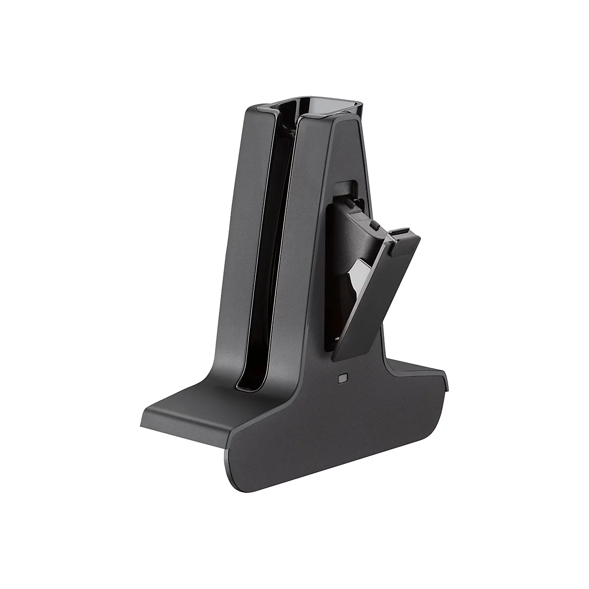 Schwarze Ladestation für ein elektronisches Gerät mit einer ausklappbaren Klappe, vor weißem Hintergrund.