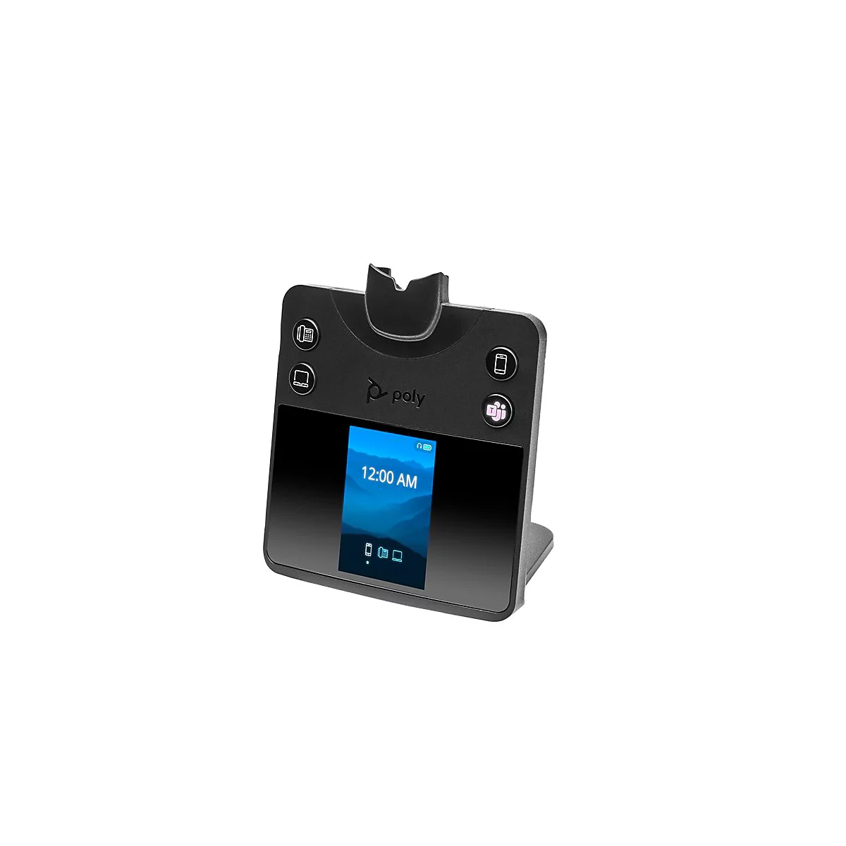 Schwarze Poly Dockingstation mit Display und Touch-Bedienelementen vor weißem Hintergrund.