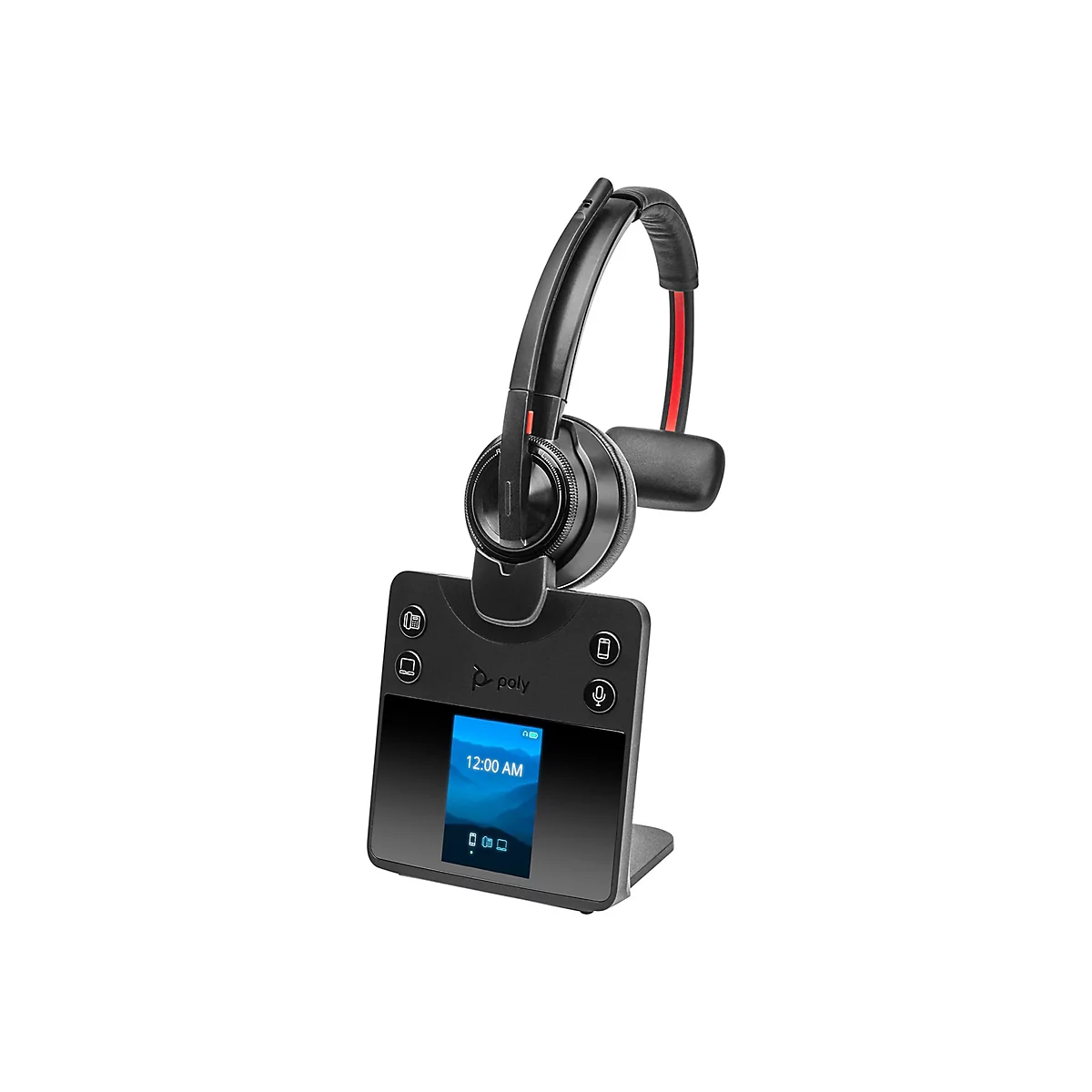 Schwarzes Poly Headset in der Ladestation mit beleuchtetem Touch-Display und Statusanzeige.