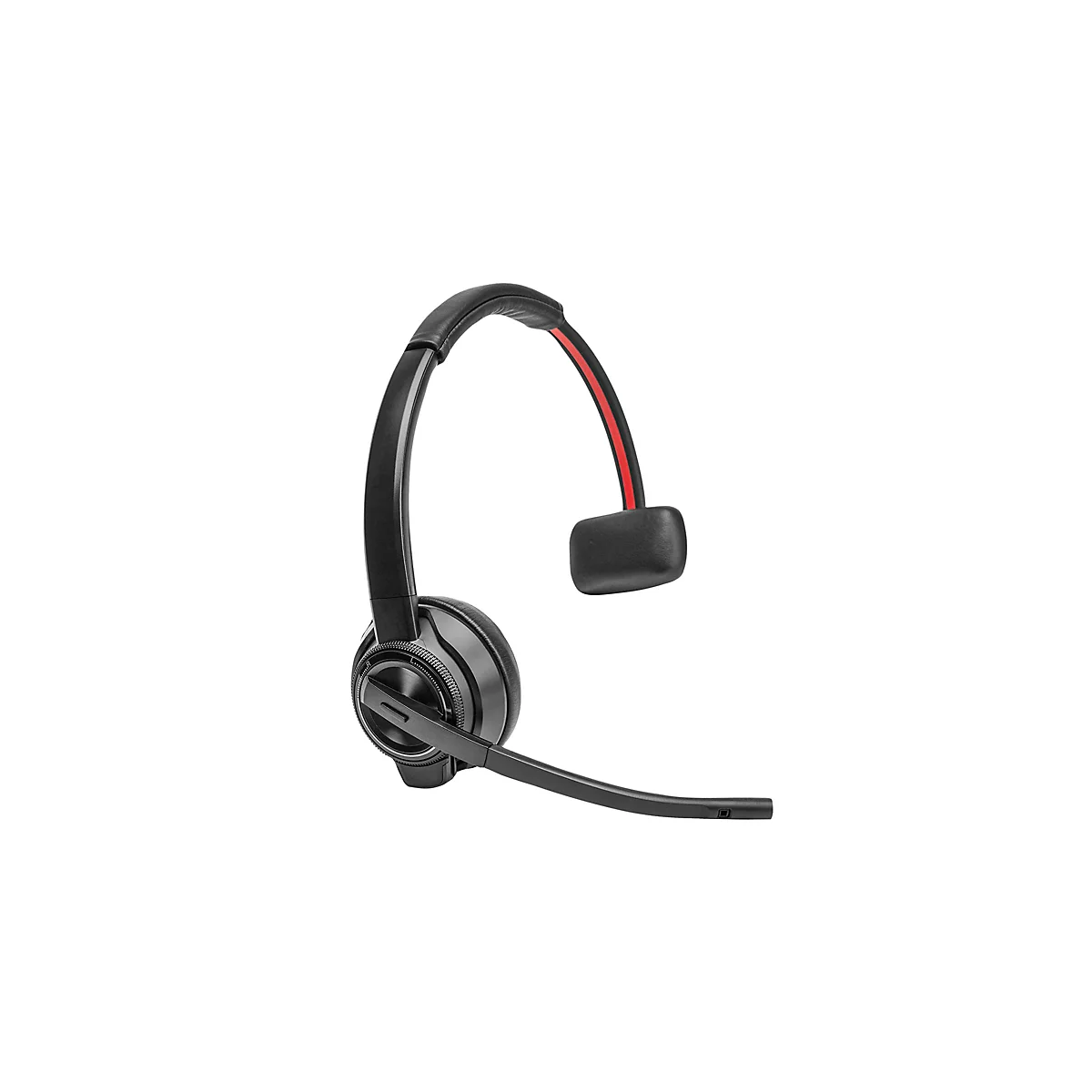 Schwarzes On-Ear-Headset mit einem Mikrofonarm und rotem Akzent am Kopfbügel vor weißem Hintergrund.