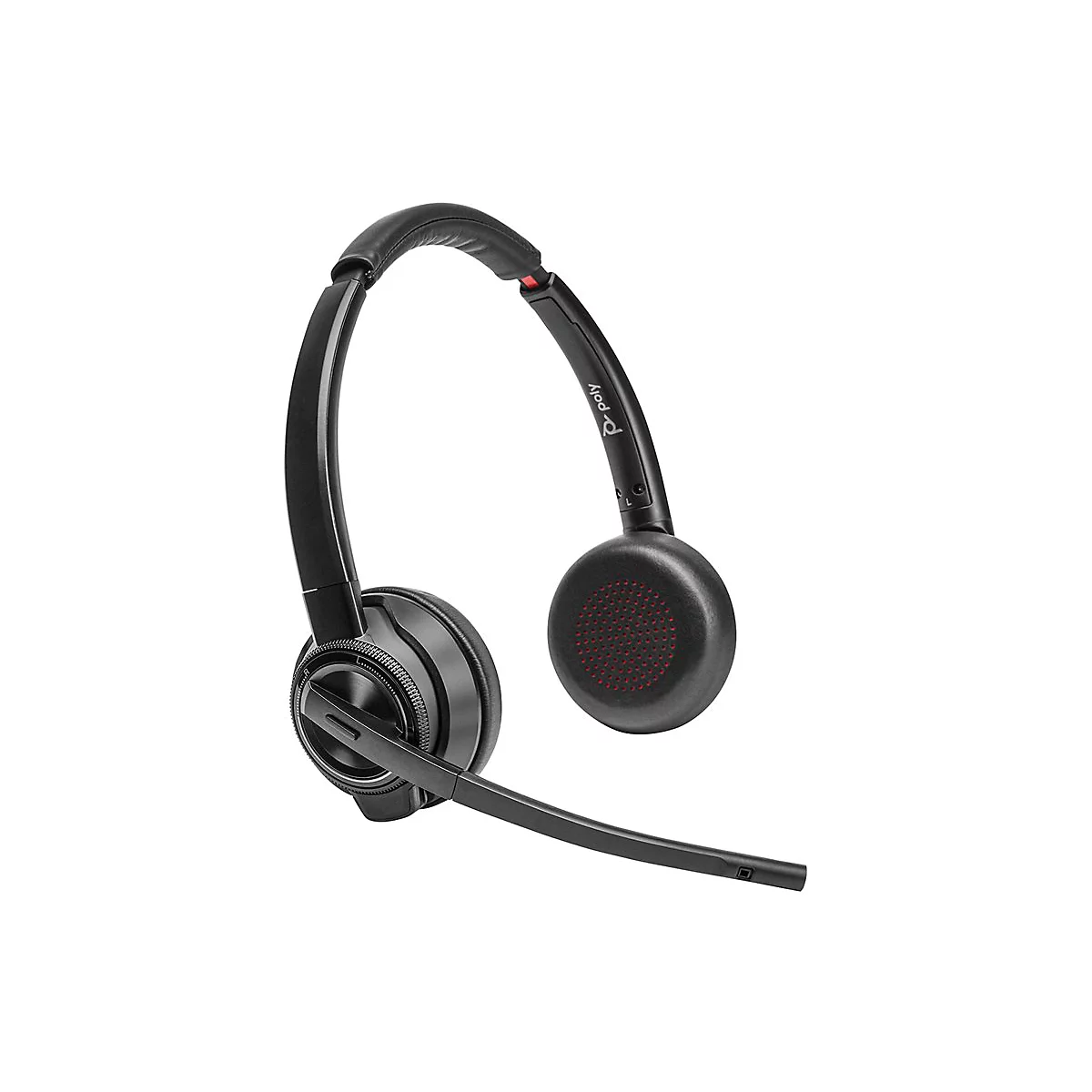 Schwarzes drahtloses Headset mit Mikrofon, Detailansicht vor weißem Hintergrund.