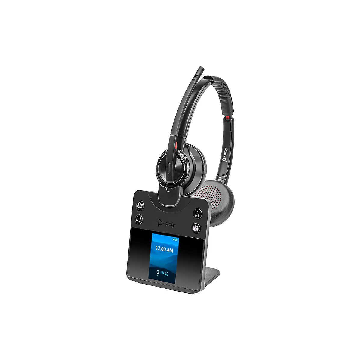 Schwarzes Poly-Headset mit Basisstation. Auf dem Display steht „12:00 AM“.