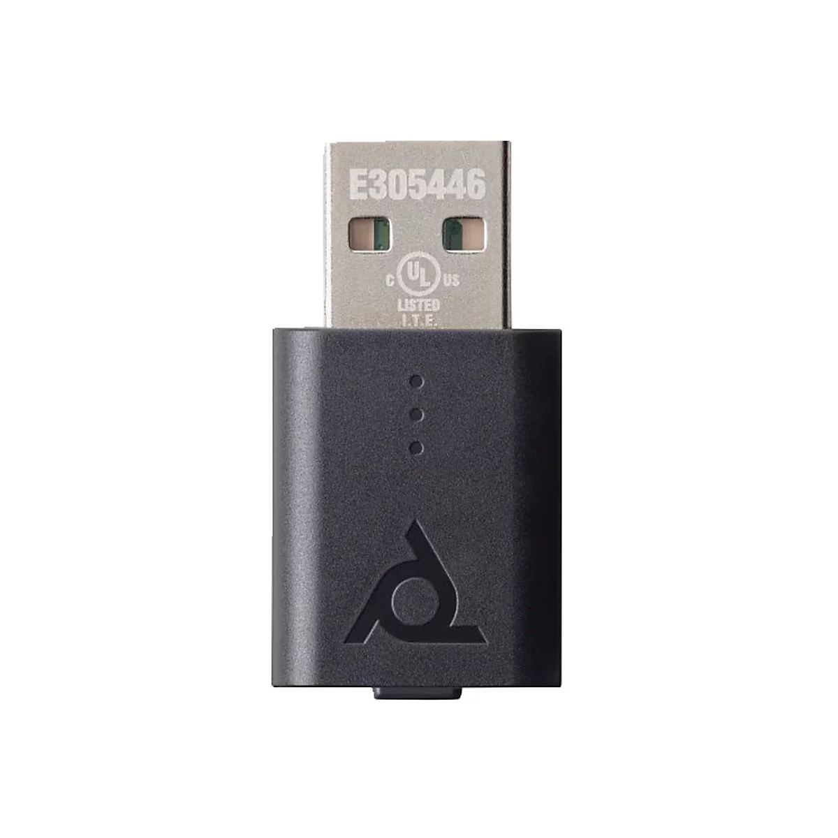 Schwarzer USB-Empfänger mit Logo und silbernem USB-Stecker. Aufdruck: E305446, UL-Siegel.