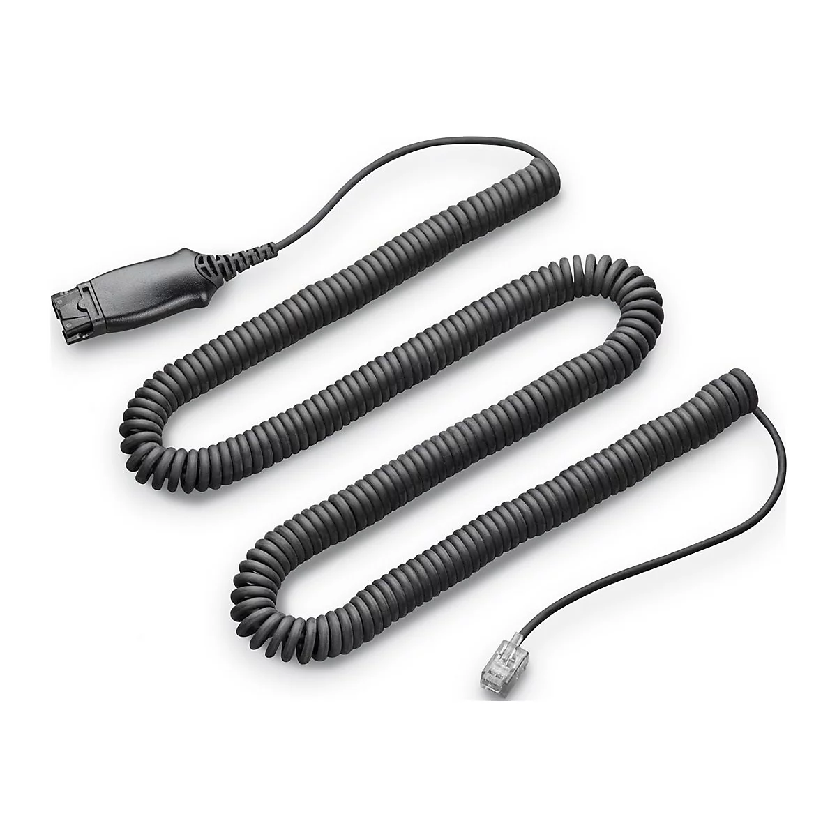 Schwarzes Spiralkabel mit zwei Steckern, vor weißem Hintergrund. Das Kabel windet sich in wellenförmigen Bögen.