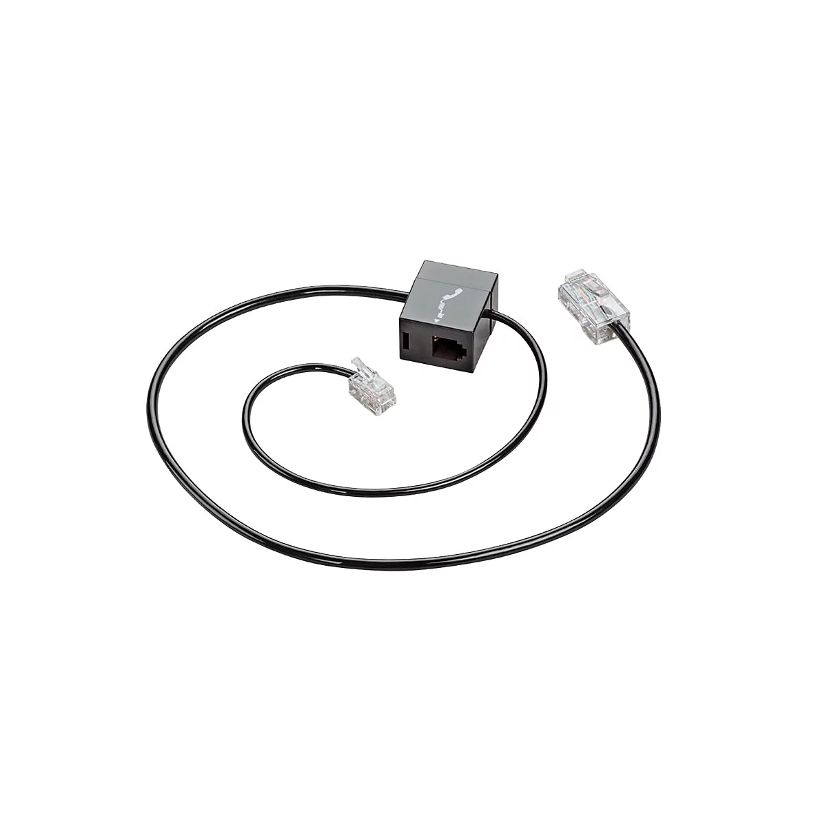 Ein schwarzes Telefonkabel mit zwei durchsichtigen RJ-Anschlüssen und einem schwarzen Zwischenstück mit Telefon-Symbol.