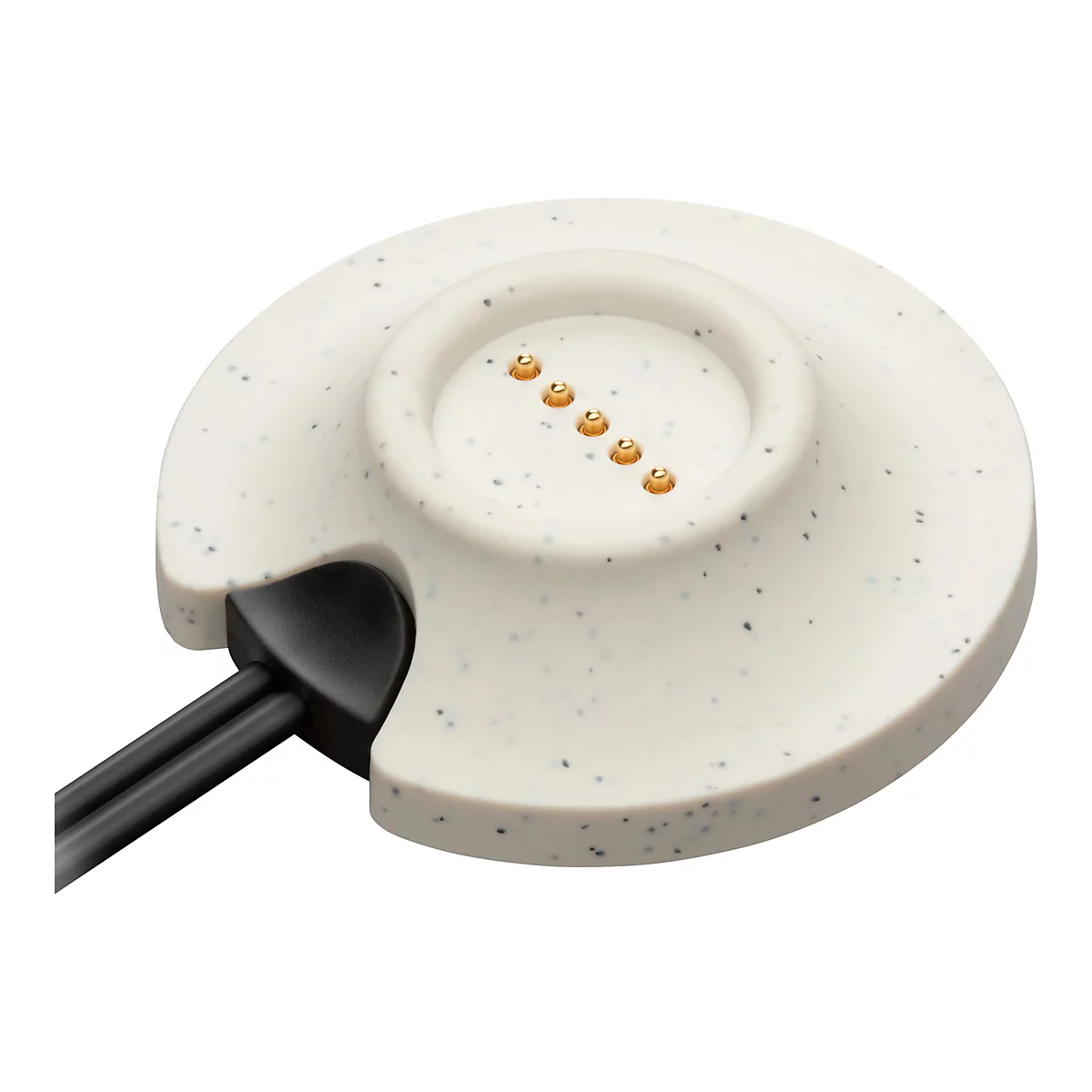 Station de recharge beige clair avec des mouchetures noires et des contacts dorés ; un câble noir s'en va.