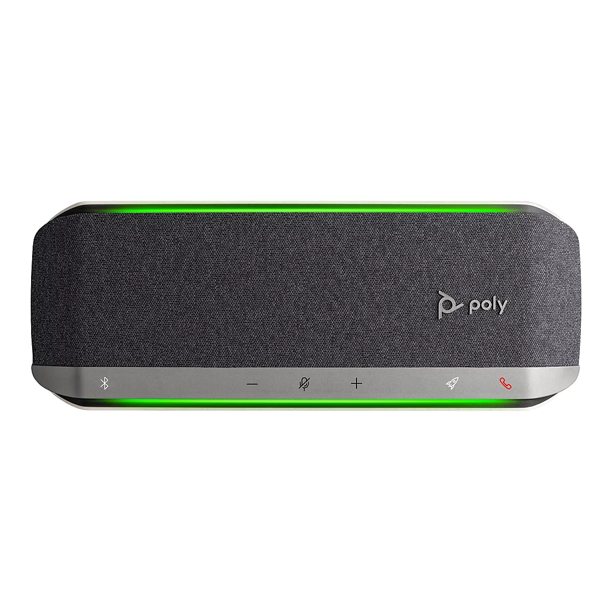 Un haut-parleur rectangulaire avec une housse en tissu et des bandes lumineuses vertes. Des boutons et le logo Poly sont visibles.