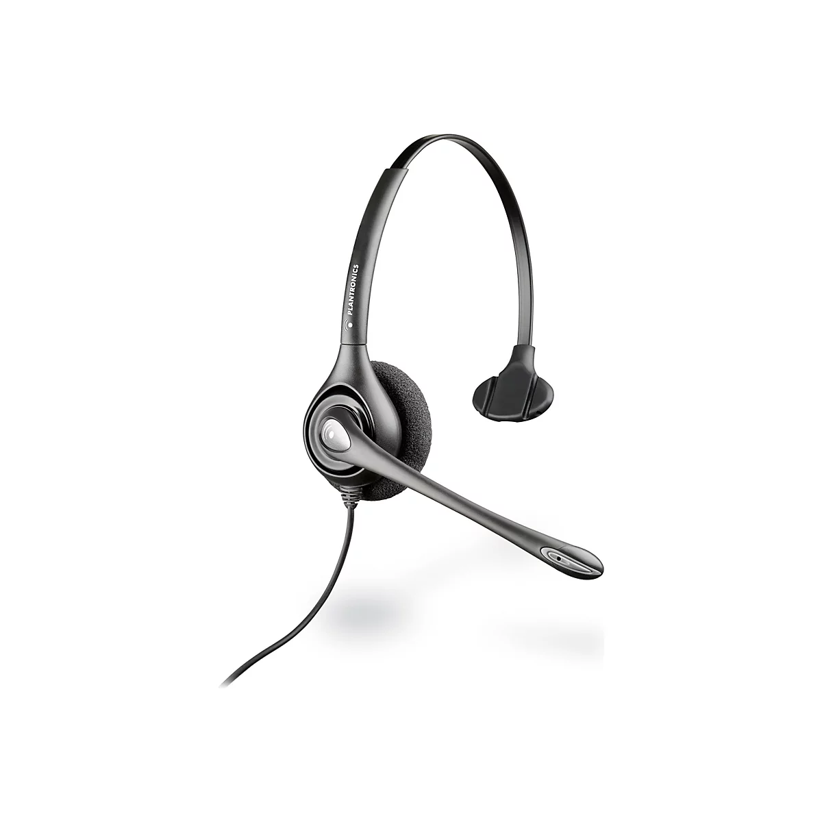 Ein graues Headset mit Mikrofon auf weißem Hintergrund. Der Bügel trägt den Schriftzug Plantronics.