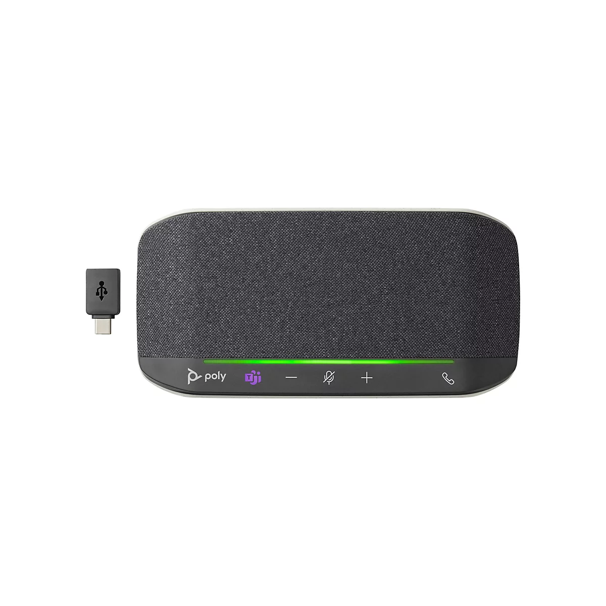 Ein rechteckiges, graues Konferenzgerät von Poly. Unterhalb der grauen Oberfläche befinden sich Bedienelemente und das Logo von Teams. Daneben liegt ein USB-Adapter.