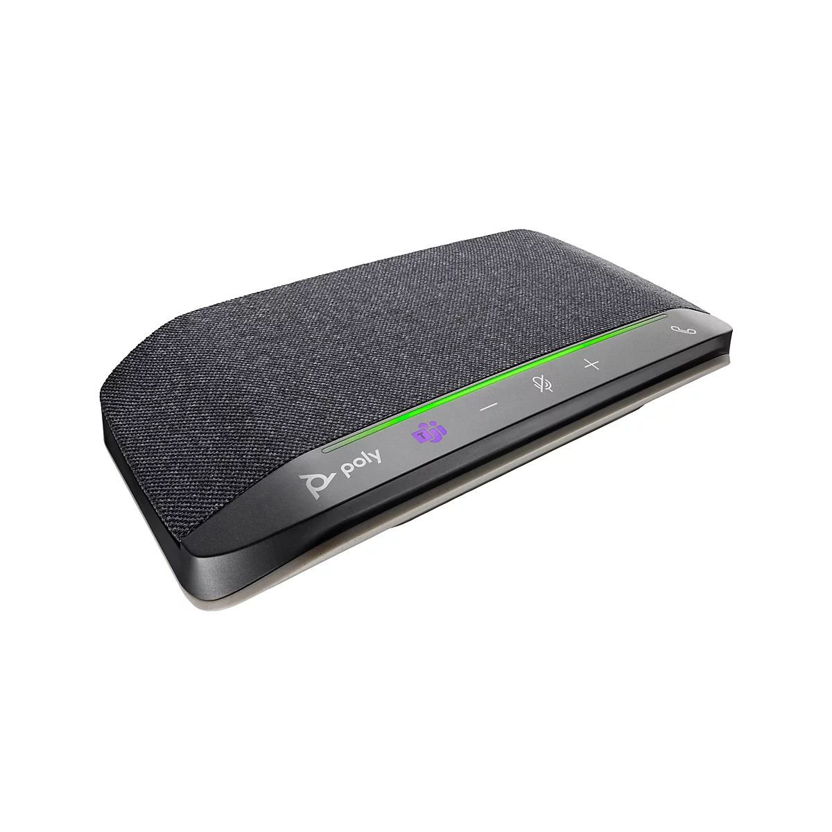 Ein graues, rechteckiges Poly-Konferenztelefon auf weißem Hintergrund. Oben befindet sich ein grau melierter Stoff. An der Vorderseite befinden sich grüne Kontrollleuchten, Tasten und das Teams-Logo.