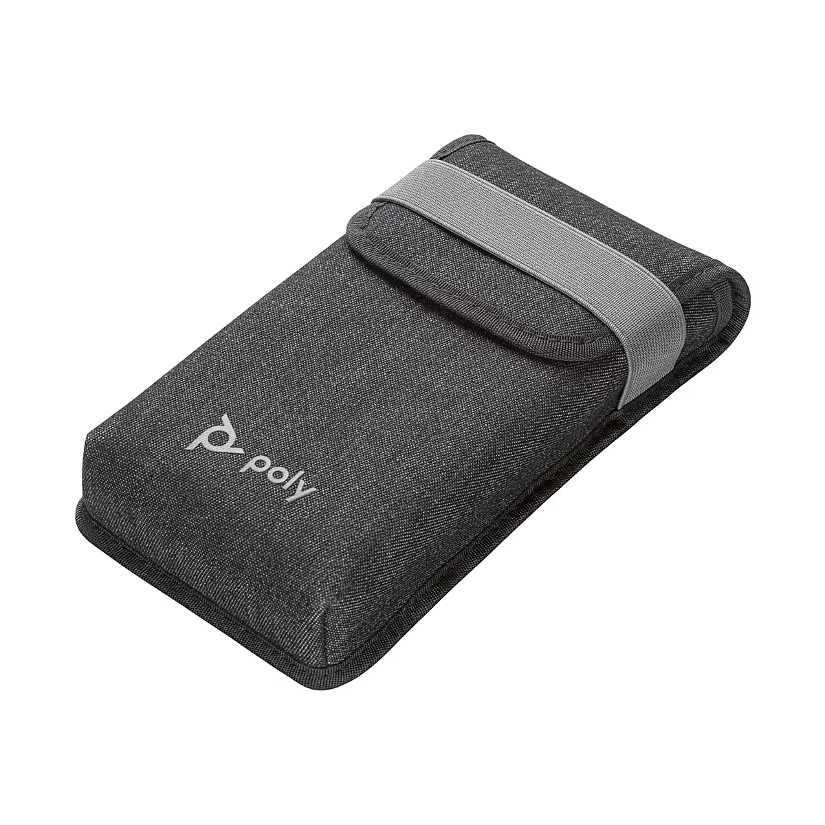 Graue Schutzhülle aus Stoff mit Poly-Logo, geschlossen durch ein elastisches graues Band, vor weißem Hintergrund.