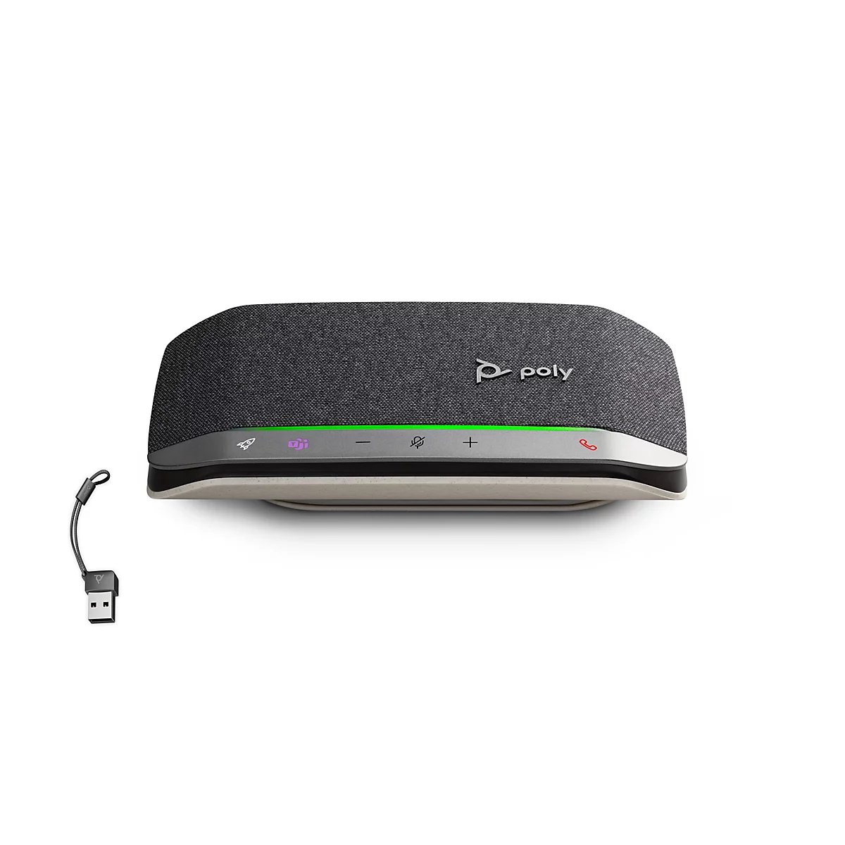 Grauer Lautsprecher mit Logo, Bedienelementen, und USB-Stecker; vor weißem Hintergrund.