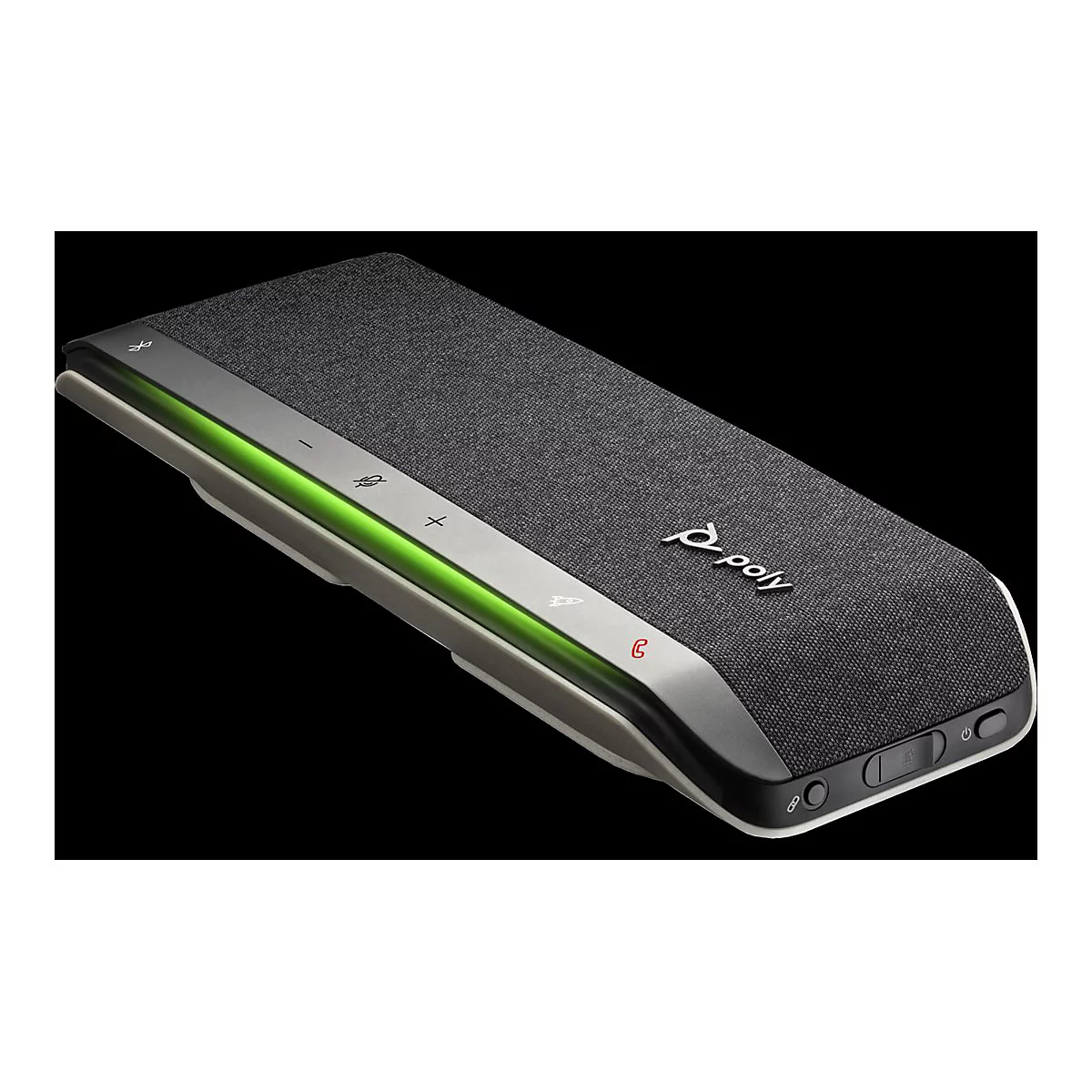 Drahtloses Poly-Konferenzsystem in Grau mit grüner Beleuchtung. Es hat Knöpfe für Lautstärke und Anrufannahme.