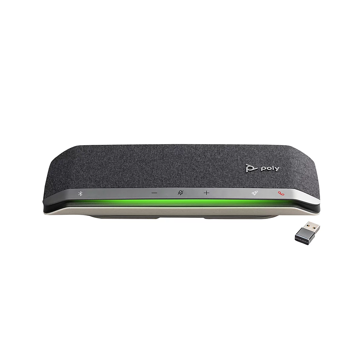 Ein grauer Lautsprecher von Poly mit grüner Leiste und USB-Adapter, vor weißem Hintergrund.