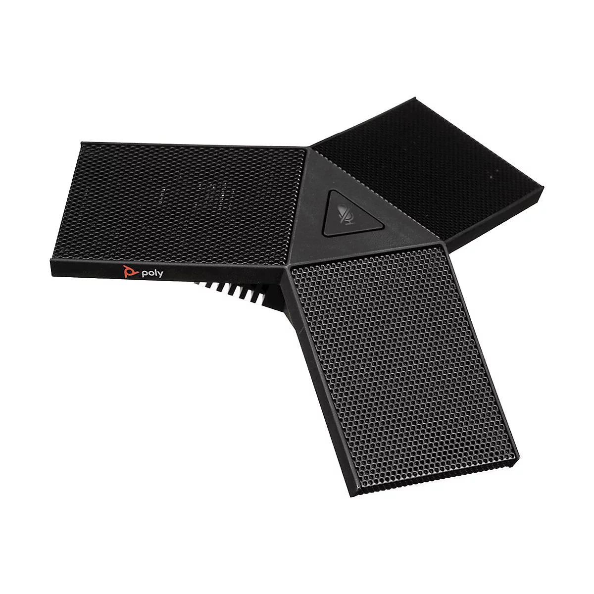 Schwarzes Poly-Konferenzmikrofon mit Poly-Logo. Dreieckige Form mit Mikrofon-Symbol.
