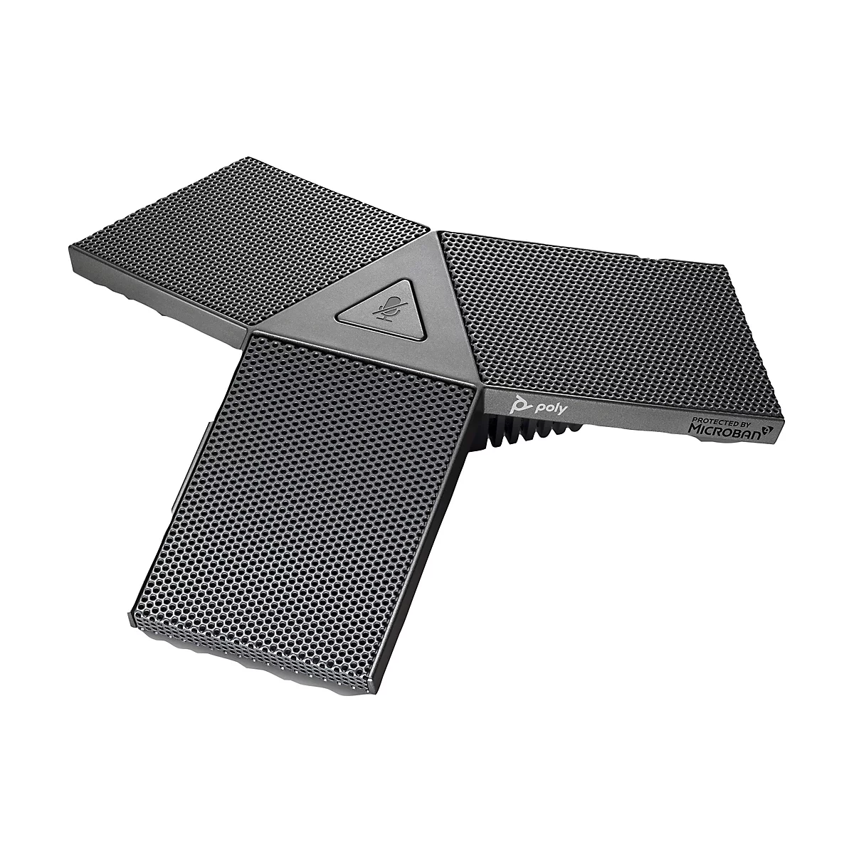 Grauer Lautsprecher, dreiteilig, mit Lochmuster. Auf der Oberseite ist ein Mikrofon-Symbol und der Schriftzug Poly zu sehen.