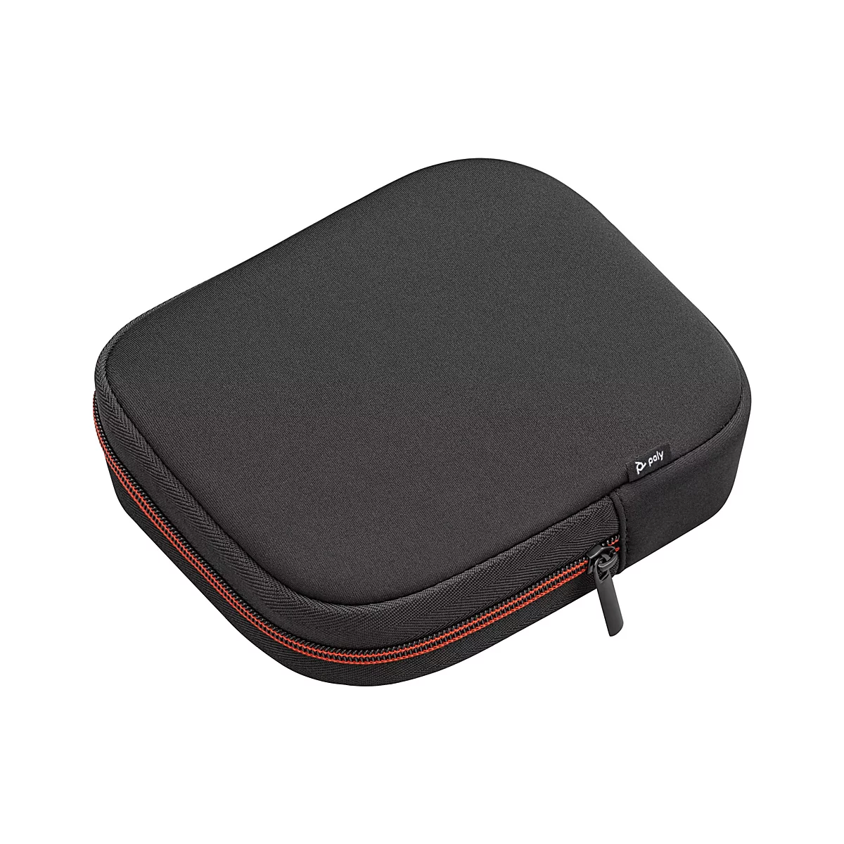 Schwarze, rechteckige Tasche mit rotem Reißverschluss und Poly-Logo. Auf weißem Hintergrund.