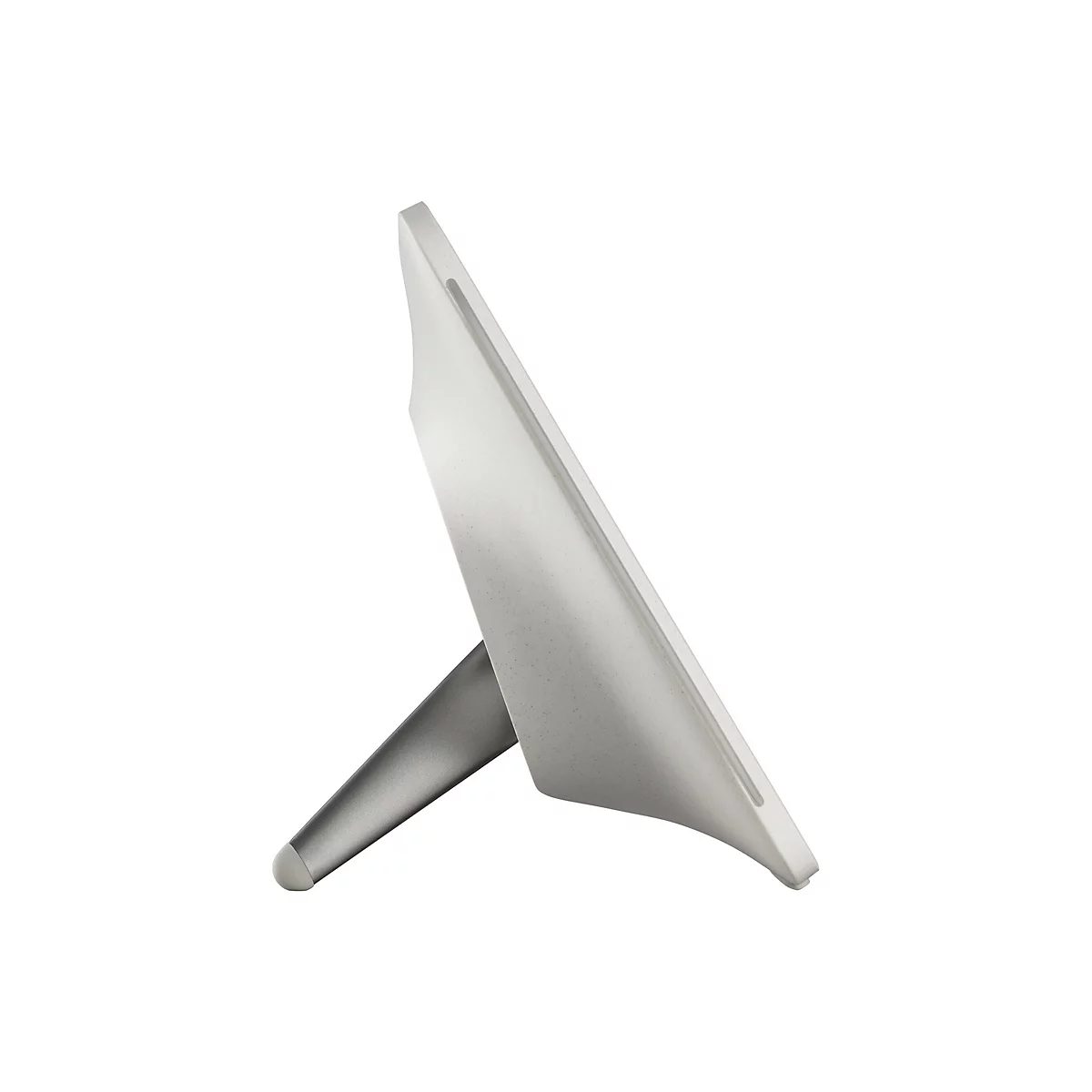 Ein grauer Bildschirm, der auf einem silbernen Ständer steht, ist vor weißem Hintergrund von der Seite aufgenommen. Die Form des Bildschirms ist unregelmäßig.