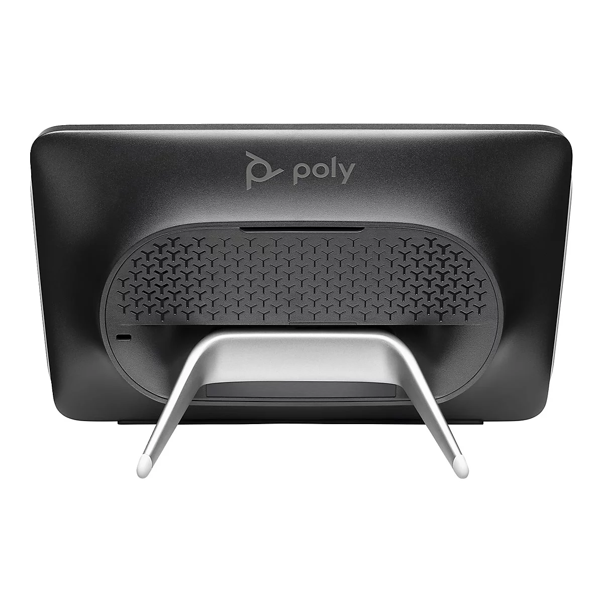 Schwarzes Poly-Videokonferenzgerät, Rückansicht. Silberner Ständer, poly-Logo, Lochmuster unten.