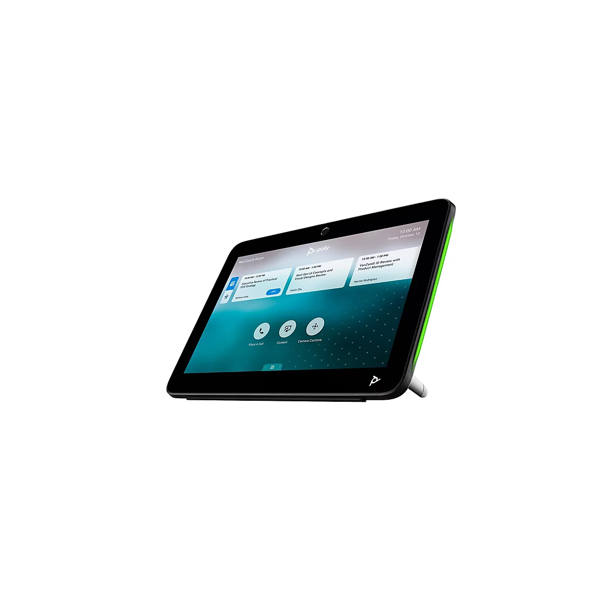 Ein schwarzes Tablet mit grünem Rand, das leicht schräg steht. Auf dem Bildschirm werden Termine und Funktionen angezeigt. Der Hintergrund ist weiß.