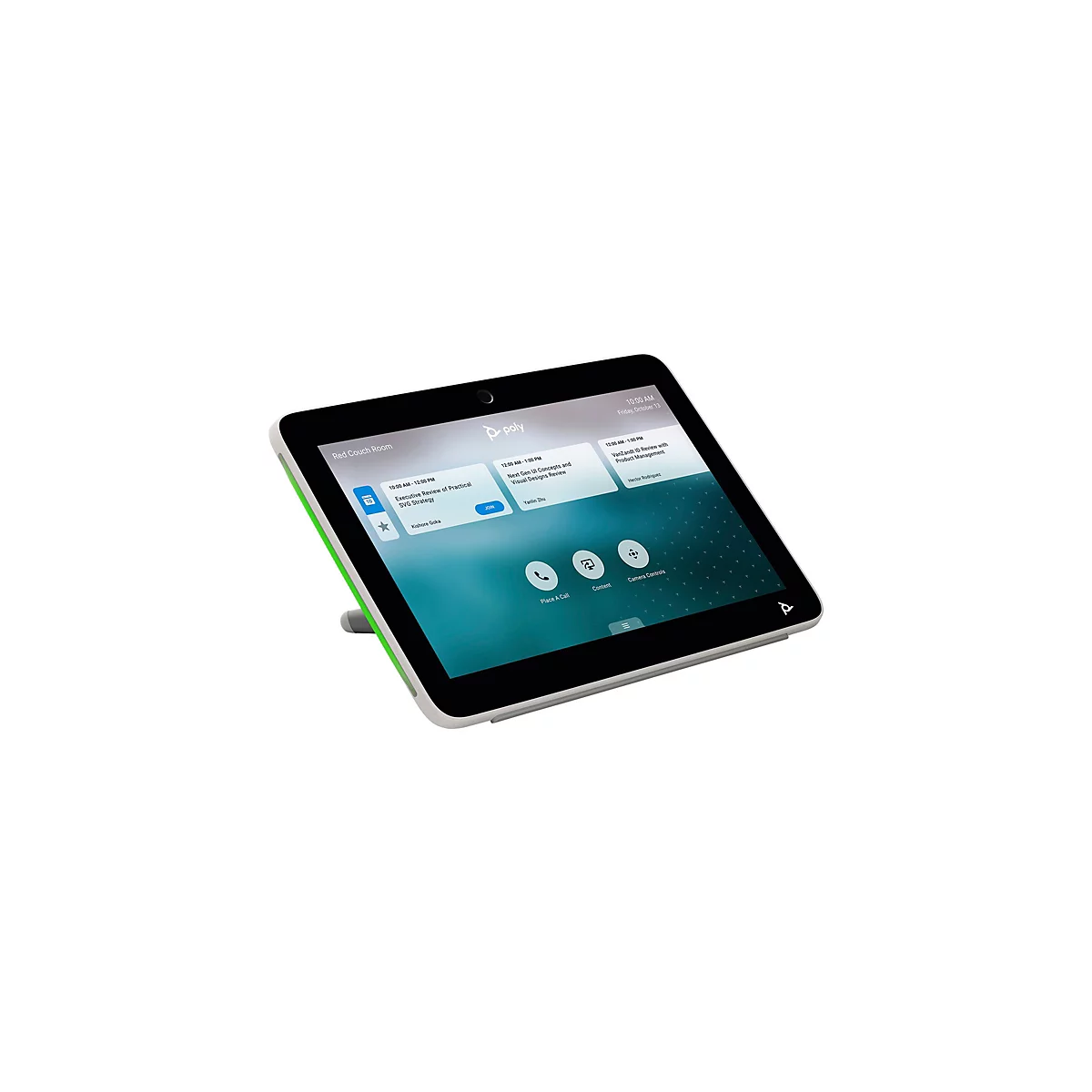 Poly Konferenz-Touch-Controller in schräg stehender Ansicht mit Benutzeroberfläche auf dem Display.