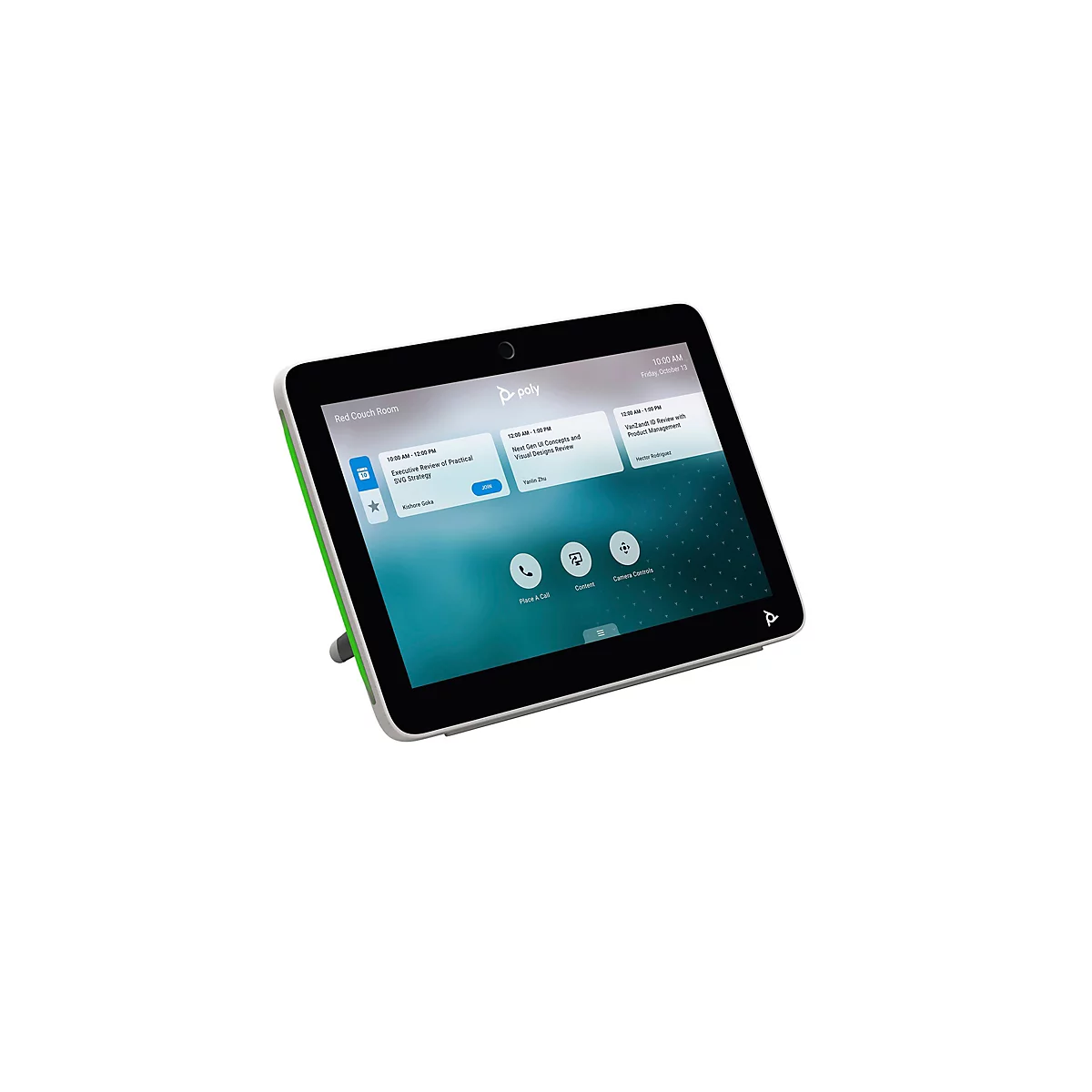 Ein Poly-Touch-Controller für Videokonferenzen mit Kalenderübersicht auf einem weißen Hintergrund.