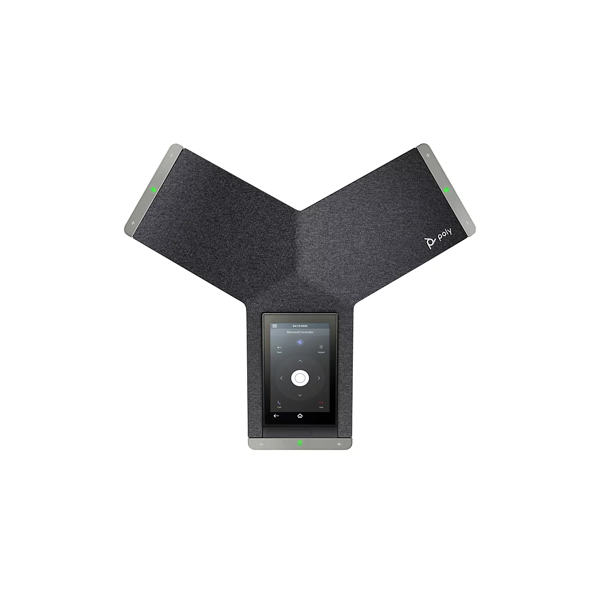 Ein Y-förmiges, graues Videokonferenzsystem mit einem Touchscreen-Display. Auf dem Display ist das Datum 04/13/2020 zu sehen, mit Bedienelementen für Microsoft Controller.
