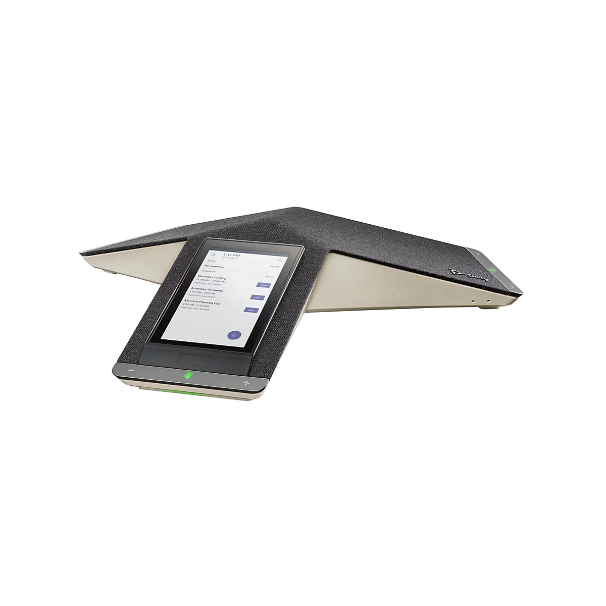 Ein graues Konferenztelefon auf weißem Hintergrund. Das Telefon hat ein abgewinkeltes Design mit einem eingebauten Touchscreen-Display. Der Bildschirm zeigt Meeting-Informationen an.