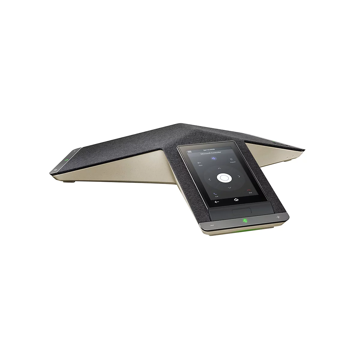 Konferenzsystem mit Display, schwarzes Stoffgehäuse und beige Basis. Bildschirm zeigt Steuerelemente. Datum: 13.04.2020.
