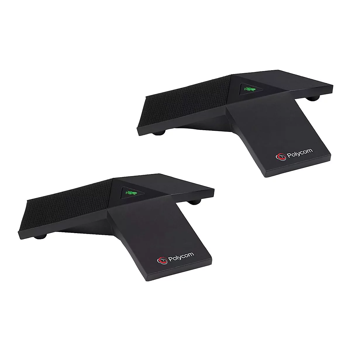 Zwei schwarze Polycom-Konferenztelefone mit grünen Akzenten.