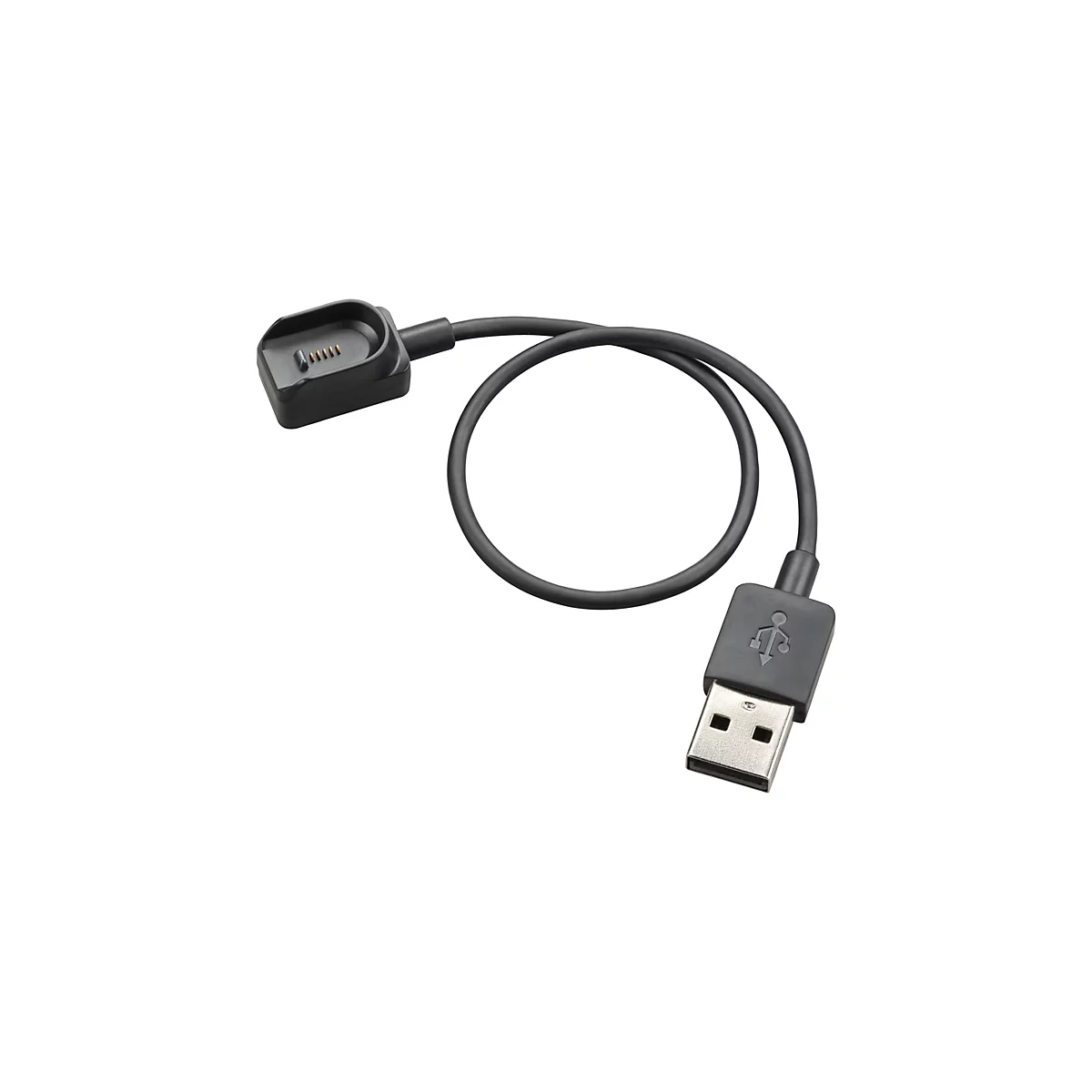 Schwarzes USB-Ladekabel für eine Smartwatch. Es hat einen USB-A-Anschluss und einen Ladepuck.