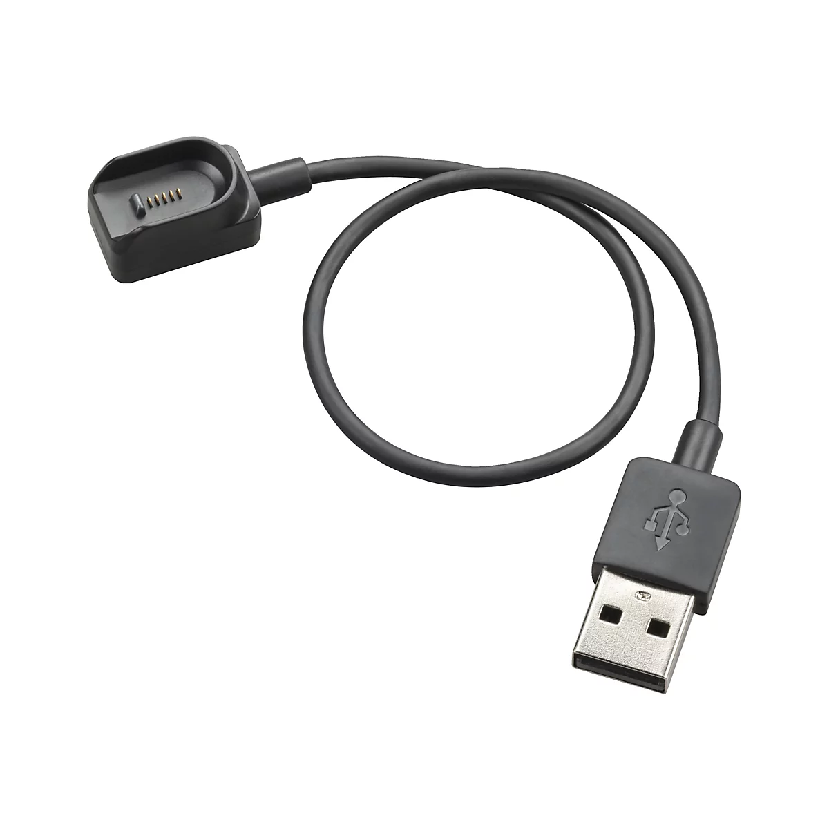 Ein schwarzes Ladekabel, bestehend aus einem USB-Anschluss, einem runden Kabel und einer Ladeschale mit Kontaktstiften.