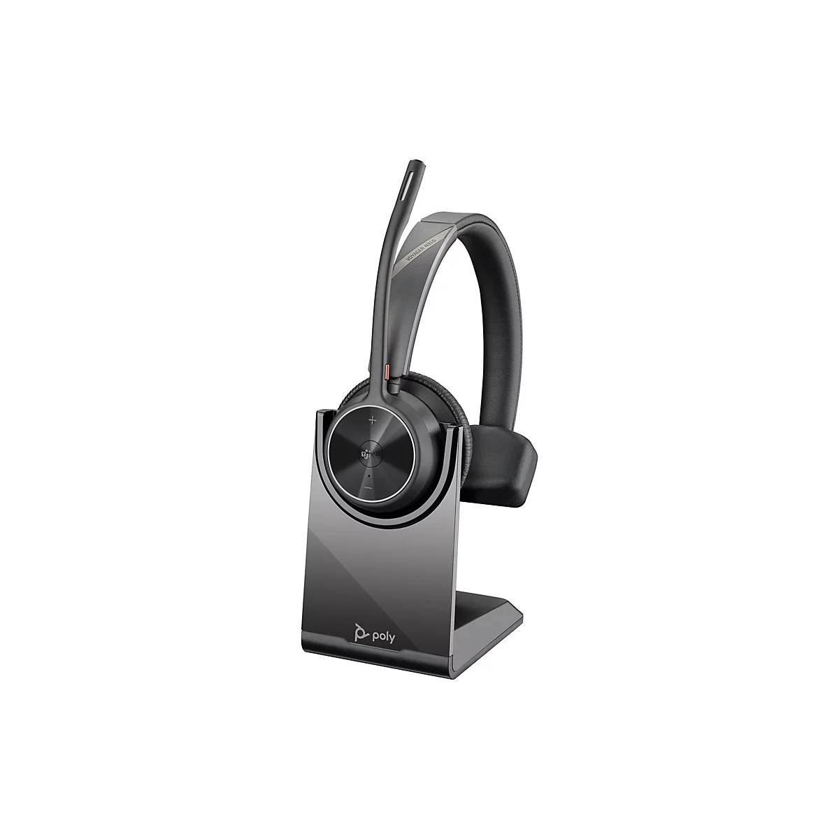 Schwarzes Poly Voyager 4310 Headset auf einer passenden Ladestation vor weißem Hintergrund.