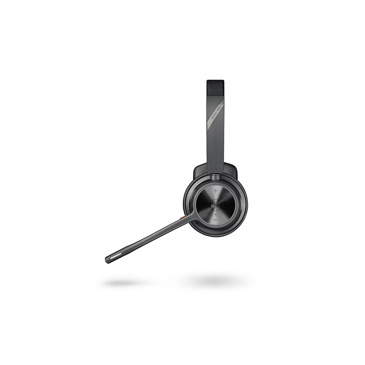 Schwarzes Poly Voyager 4310 Headset in Seitenansicht vor weißem Hintergrund.