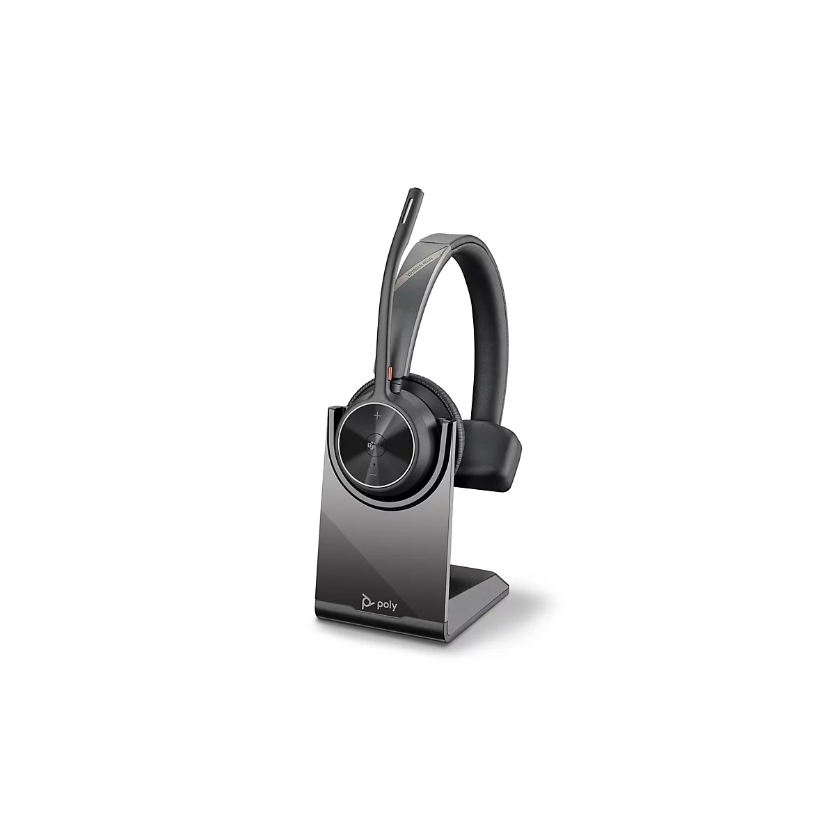 Schwarzes Poly Voyager 4310 Headset auf einer glänzenden Ladestation, weißer Hintergrund.