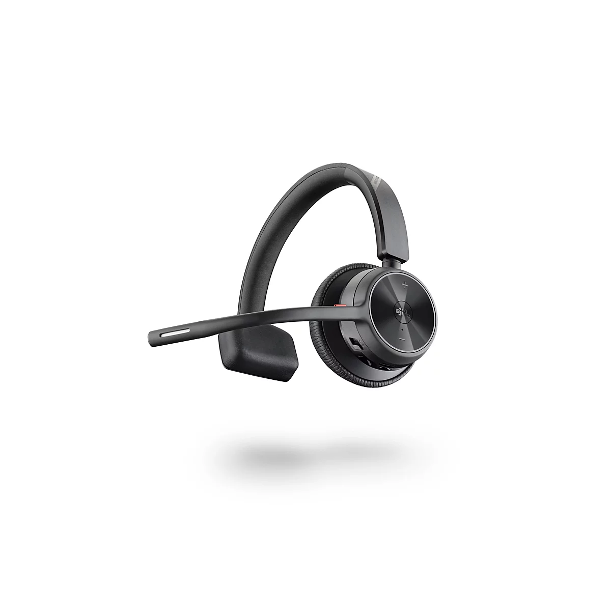 Schwarzes On-Ear-Headset mit Kopfbügel und Mikrofonarm vor weißem Hintergrund.