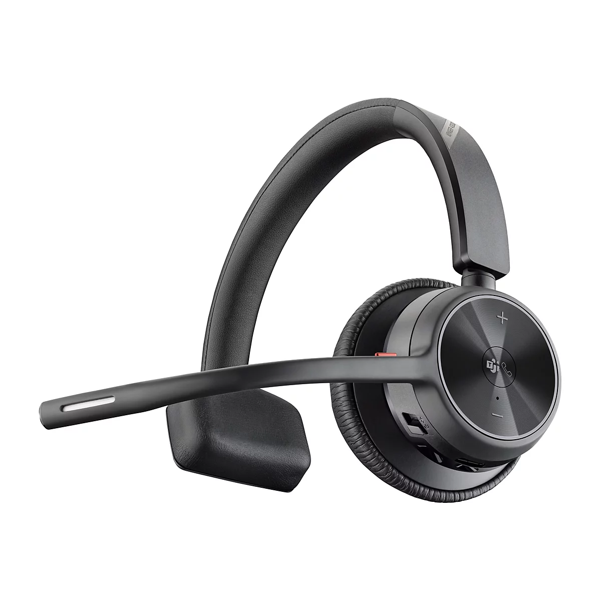 Schwarzes Bluetooth-Headset mit Mikrofonarm, Detailaufnahme vor weißem Hintergrund.